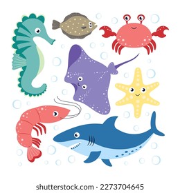 dibujos animados de animales de mar, lindo cangrejo gracioso, tiburón, grisú, gambas, caballo de mar, pez estrella y flounder, ilustración vectorial plana