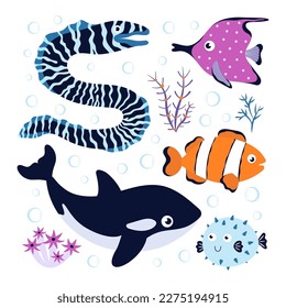 cartoon sea animals set, cute funny blowfish, killer whale, clownfish, moray eel, butterfly fish and seaweed, vector flat illustration