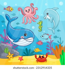 Cartoon sea animals set. Cute ocean fishes, octopus, shark, dolphin, crab and whale. underwater animals on colorful background. Vector illustration