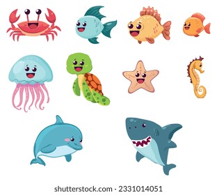 Cartoon sea animals set. Cute funny crab, fish, jellyfish, turtle, starfish, seahorse, dolphin and shark. Vector flat illustration isolated on white.