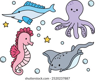 cartoon sea animals set, cute octopus, swordfish, stingray and cute seahorse, vector flat illustration