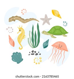 Cartoon sea animals set. Jellyfish, seahorse , turtle, see eel , stones, shells, water plant. Vector illustration 