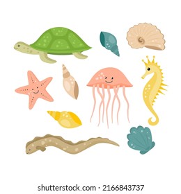Cartoon sea animals set. Seahorse , turtle, see eel , jellyfish, shells. Vector illustration 