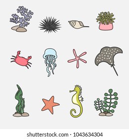 Cartoon sea animals set. Vector illustration.