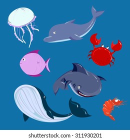 Cartoon sea Animals set. Vector dolphine whale shark in the sea