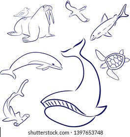 Cartoon sea animals set. Whale, turtle, dolphin, gull, hammerhead fish, shark, walrus. Hand drawn doodle vector illustrations