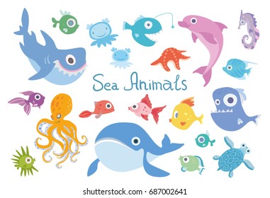 Cartoon sea animals set. Whale, shark, dolphin, octopus, turtle and other marine fish and animals. Vector illustration, isolated on white background.