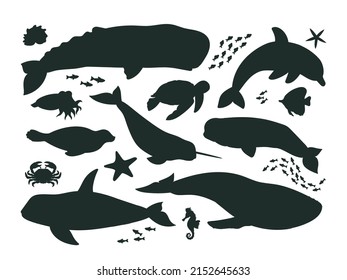 Cartoon sea animals silhouettes, ocean life fauna, orca, dolphin and whale. Underwater aquatic creatures, sperm whale, narwhal and seal vector symbols illustrations set