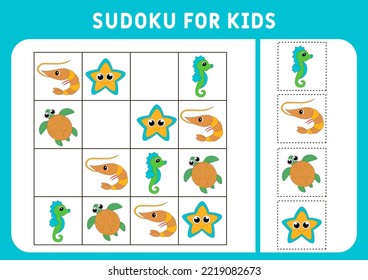 Cartoon sea animals. Sudoku for kids. Education development worksheet. Activity page with pictures. A puzzle game for children. Set animals. Isolated vector illustrations. Logic training