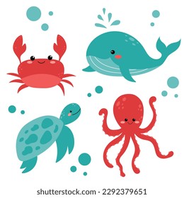 Cartoon sea animals. Tropical ocean animals, funny turtle, whale, crab and octopus. Cute whale, octopus, turtle and crab, sea creature. Bright underwater vector characters