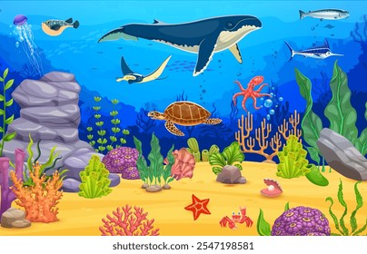 Cartoon sea animals at underwater landscape. Vector marine scene with giant whale and manta ray, octopus, jellyfish, turtle and fish swimming among vibrant coral reefs, rocks and plants on ocean floor