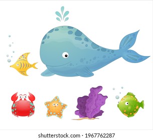 Cartoon sea animals. Underwater wildlife. Cute whale, fish, crab, corals. Ocean life, marine animals set. Sea story colorful collection. Blue whale splashing water. Funny ocean animals.
Marine clipart