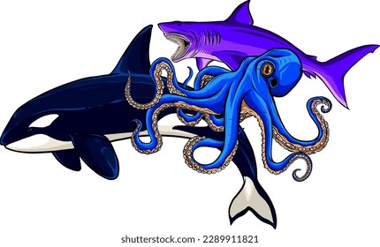 Cartoon sea animals. Underwater wildlife creatures vector illustration set