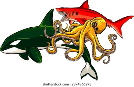 Cartoon sea animals. Underwater wildlife creatures vector set