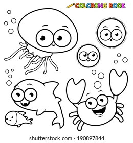 Cartoon sea animals. Vector black and white coloring page.