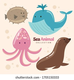 Cartoon sea animals vector set