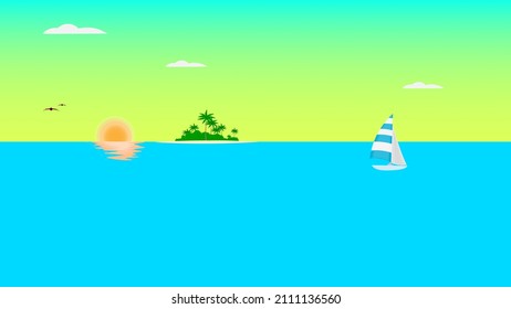 Cartoon sea background. Landscape of a tropical sea with an island and a yacht, vector illustration