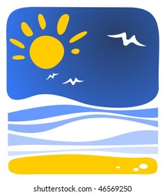 Cartoon sea background with sun and waves.