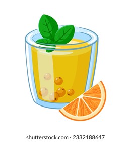 Cartoon sea buckthorn tea with berries, orange and mint. Healthy vitamin tea vector illustration isolated on white background.