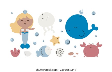 Cartoon sea characters. Cute mermaid, jellyfish, starfish, fish, crab, whale. Good for baby shower invitations, birthday cards, stickers, prints etc.