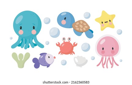 Cartoon sea characters. Cute octopus, jellyfish, sea turtle, starfish, fish, crab. Good for baby shower invitations, birthday cards, stickers, prints etc.