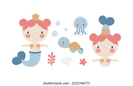 Cartoon sea characters. Little Mermaid, jellyfish, sea turtle, starfish. Good for baby shower invitations, birthday cards, stickers, prints etc.