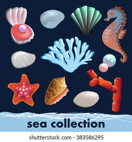 Cartoon sea collection. Shells, pebbles, coral reefs, pearl and starfish. Vector set on the sea theme.