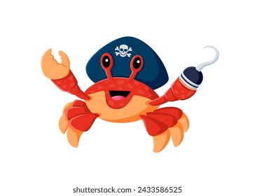 Cartoon sea crab pirate animal character, corsair captain of filibuster, vector sailor. Caribbean pirate crab with hook claw and captain tricorn hat with Jolly Roger skull and crossbones