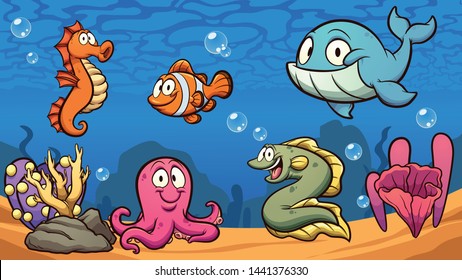 Cartoon sea creatures clip art. Vector illustration with simple gradients. Some elements on separate layers. 
