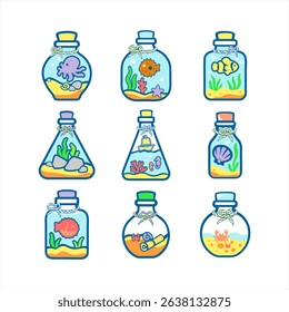  Cartoon Sea Creatures in Decorative Bottles ,Underwater Icon Pack.
