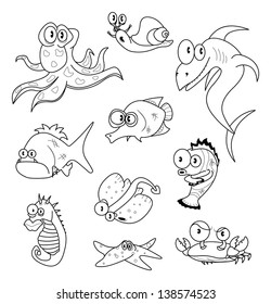 Cartoon sea creatures isolated on white