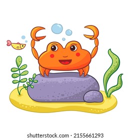 Cartoon sea. Cute crab sat on a stone. A fish is swimming near him. Vector drawing in children's style.