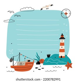 Cartoon sea elements frame illustration. Summertime beach card. Aquatic coastal objects. Seagull and starfish. Lighthouse and marine ship. Fishing boat. Lined page