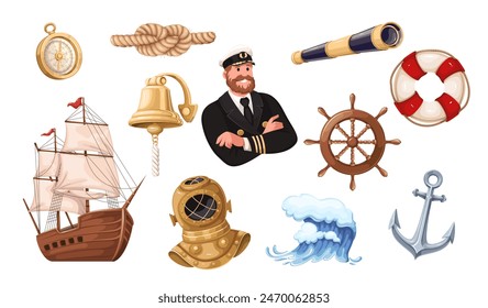 Cartoon sea elements set, old nautical equipment of ship and characters. Vintage wheel and telescope of captain, anchor and divers helmet, lifebuoy and wave in cartoon collection vector illustration