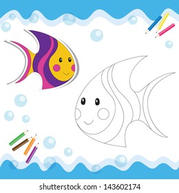 Cartoon sea fish isolated on white. Coloring book. Vector illustration.