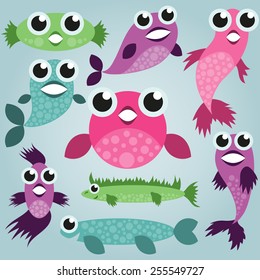 Cartoon sea fish set, funny comic fishes, simple fishes