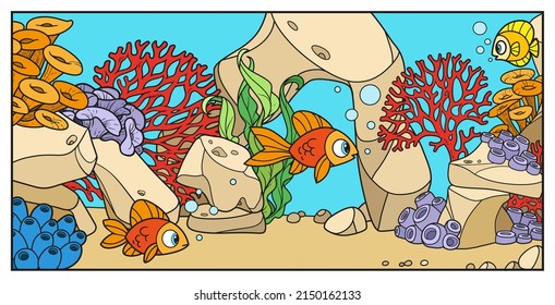 Cartoon sea fishes on the background of the seabed with stones, anemones and algae color variation for coloring page on a white background