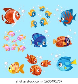 Cartoon sea fishes set on a blue background