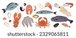 Cartoon sea food products. Ocean meal. Prawns or crabs. Marine fish. Fresh shellfish. Lobster and oyster mollusk. Cooking delicatessen ingredients. Seafood vitamins