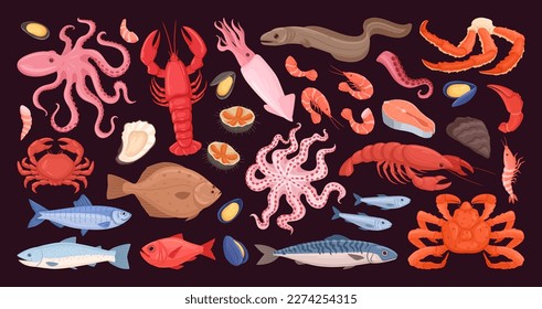 Cartoon sea food. Raw ocean fish, octopus, lobster, oyster, crab, crayfish and shellfish. Delicious ocean seafood flat vector illustration set