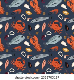 Cartoon sea food seamless pattern. Restaurant delicacies. Ocean products. Marine fishing. Fish cooking. Oyster and octopus. Delicatessen crabs. Lobster and shrimp. Garish