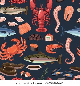 Cartoon sea food seamless pattern. Fresh restaurant delicacies, restaurant menu product fish, caviar, shrimp and lobster. Decor textile, wrapping paper, wallpaper design. Tidy vector