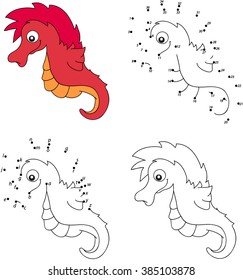 Cartoon sea horse. Coloring book and dot to dot educational game for kids