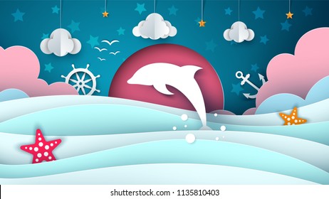 Cartoon sea illustration. Dolphin, cloud star Vector eps 10