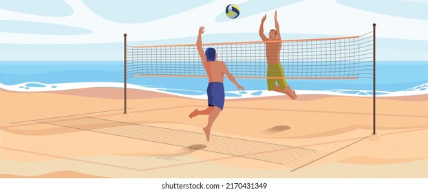 Cartoon sea landscape with characters on vacation. Players in swimsuits throwing ball through net. Flat vector illustration of beachvolley.