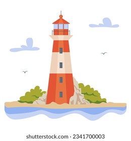 Cartoon sea landscape with lighthouse on island. Illustration with lighthouse on rocky coast in ocean. Vector illustration