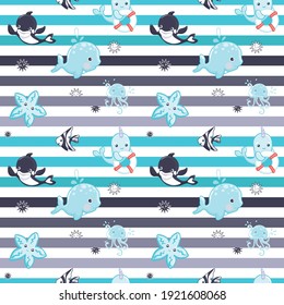 Caricatura de animales de la vida marina bajo el fondo de la pared sin costuras de mosaico repetido para la habitación de los niños. Diseño textil azul y negro de tela de camiseta 