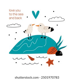 Cartoon sea life card. Ocean travel. Marine landscape. Beach vacation. Seagulls on island. Summer holiday. Water waves. Nautical journey. Happy gulls couple. Vector