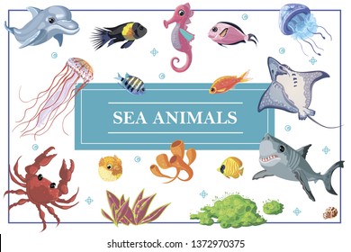 Cartoon sea life concept with dolphin seahorse shark stingray fishes crab jellyfish seaweed corals vector illustration