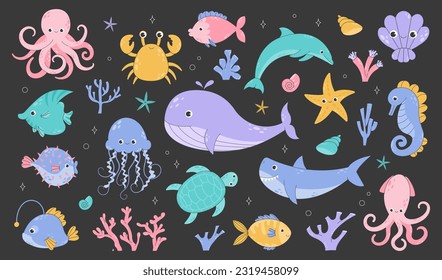 Cartoon sea life. Cute sea fish, aquatic corals, jellyfish and octopus. Funny shark and dolphin. Ocean crab, sea turtle vector illustration set. Marine life with creatures seagrass or algae